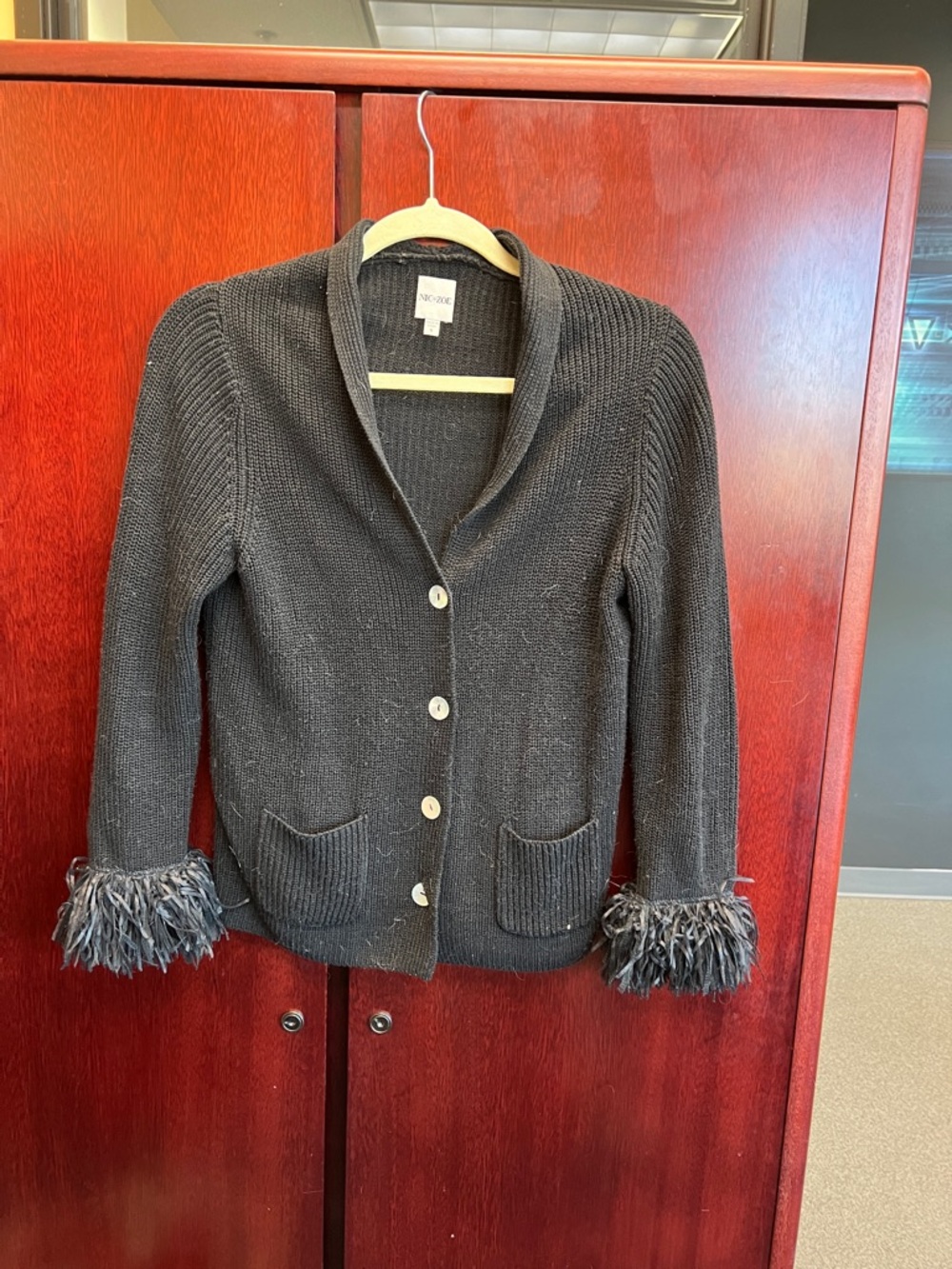 NIC+ZOE Black Knit Cardigan with Feather Trim